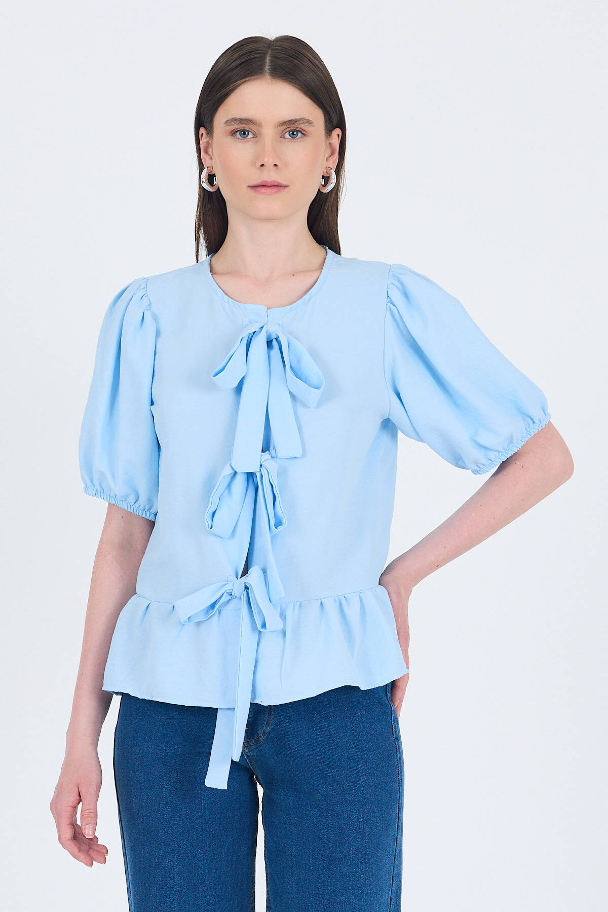 Mavi Bağlama Detaylı Balon Kollu Bluz 4334A - Stilay