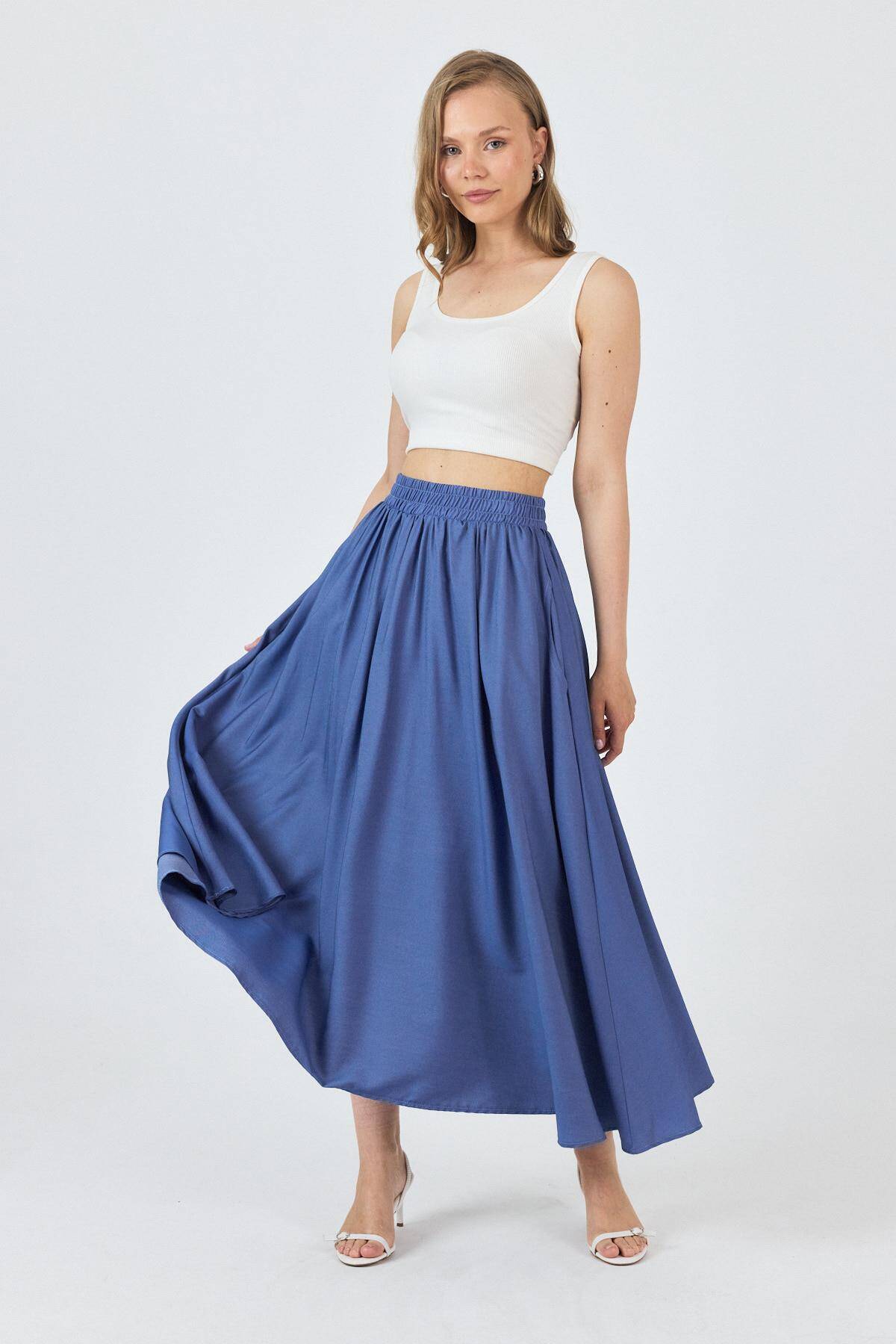Mavi Bel Lastikli Cepli Kloş Etek 4722A - Stilay