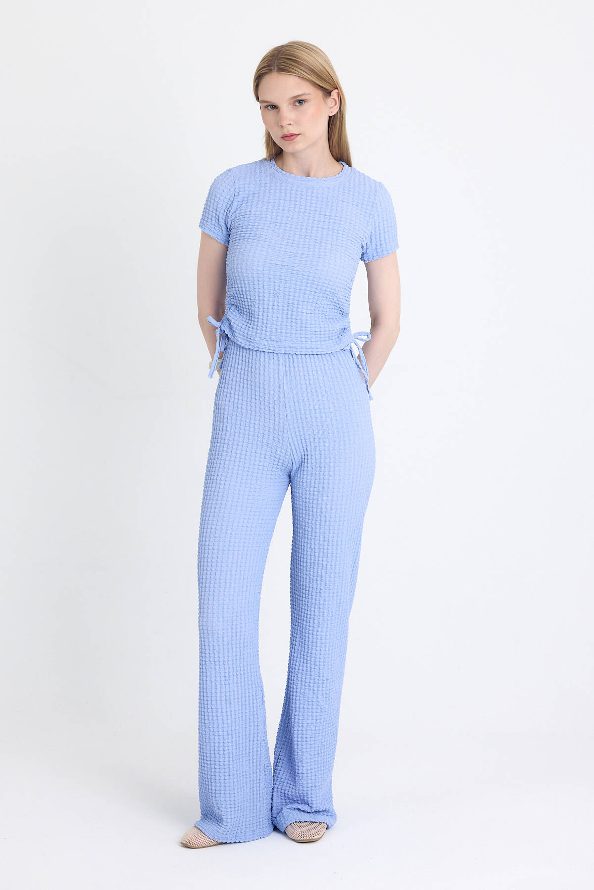 Mavi Bürümcük Dokulu Büzgülü Crop ve Geniş Paça Pantolon Takımı 3001 