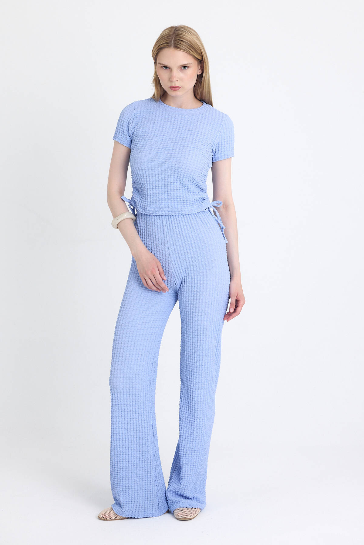 Mavi Bürümcük Dokulu Büzgülü Crop ve Geniş Paça Pantolon Takımı 3001 - 3