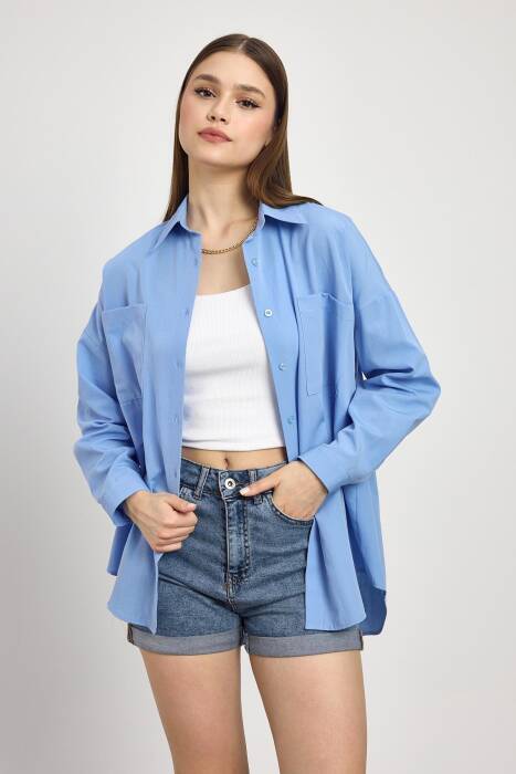 Mavi Çift Cepli Oversize Uzun Basic Gömlek TCR 6256A - Stilay