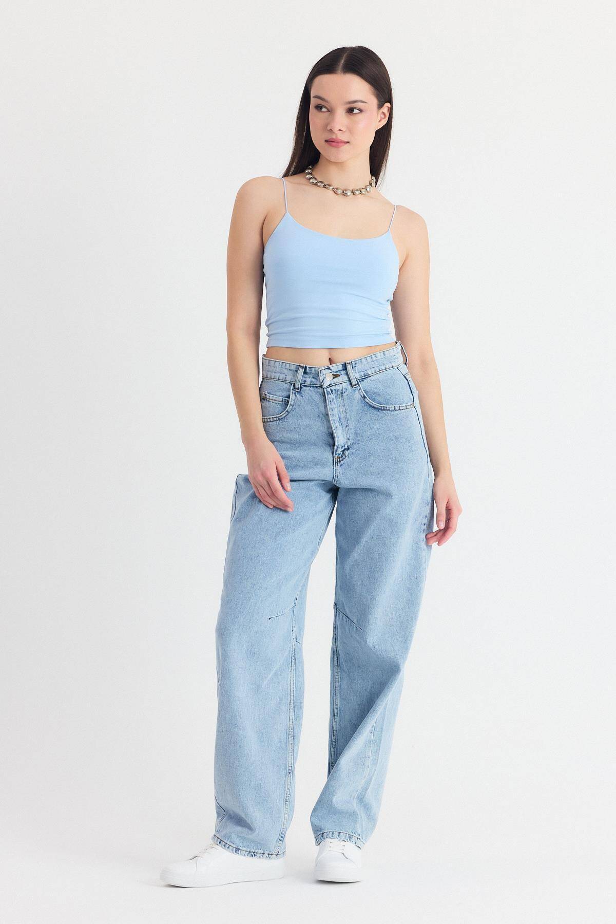 Mavi İnce Askılı Fitted Basic Atlet 947 - Stilay