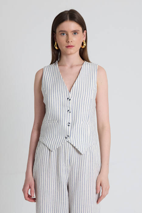 Mavi Keten Görünümlü %100 Pamuk Çizgili Yelek 2323 - Stilay