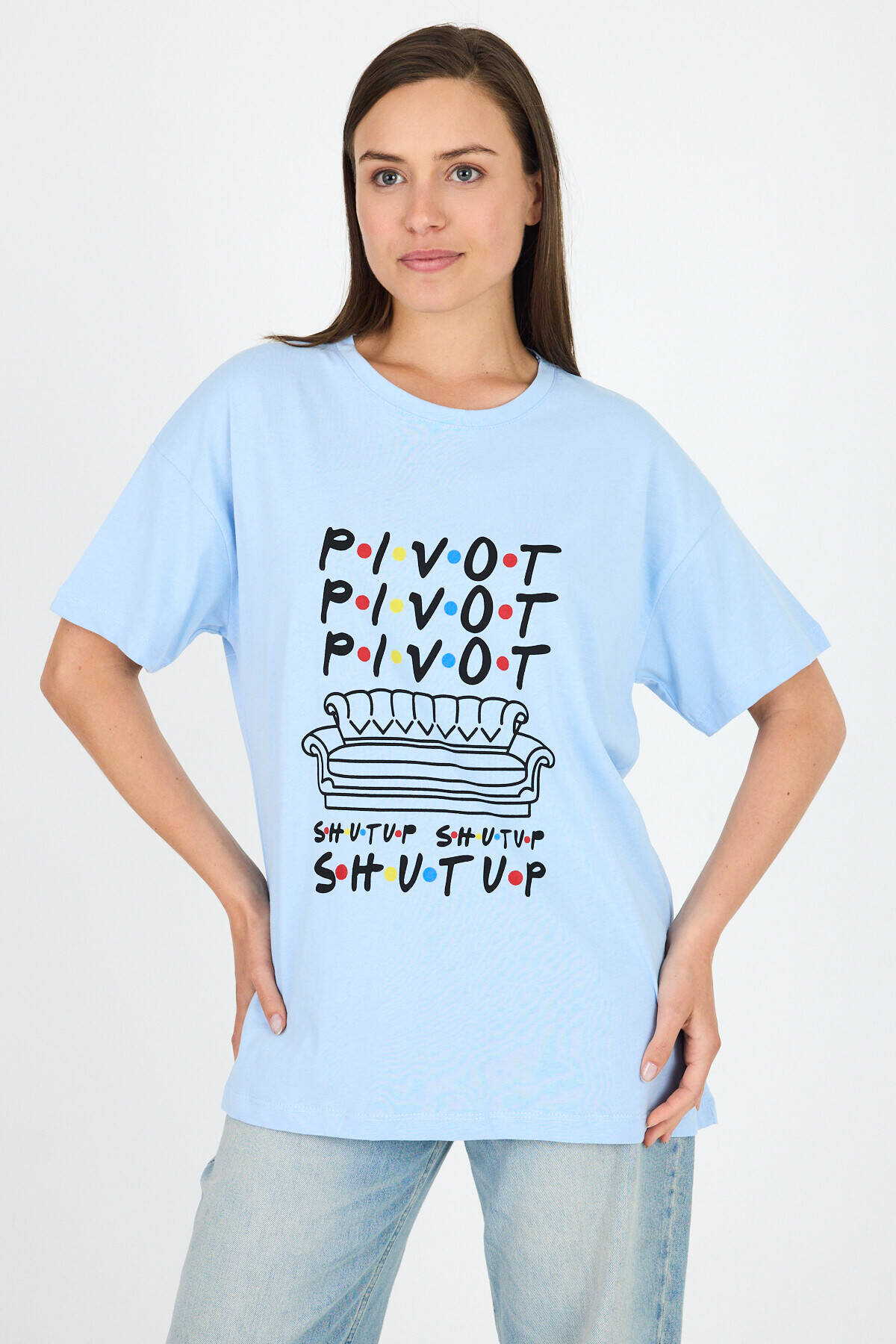 Mavi Yazı Baskılı %100 Pamuk Oversize Tişört 2150-10M - Stilay