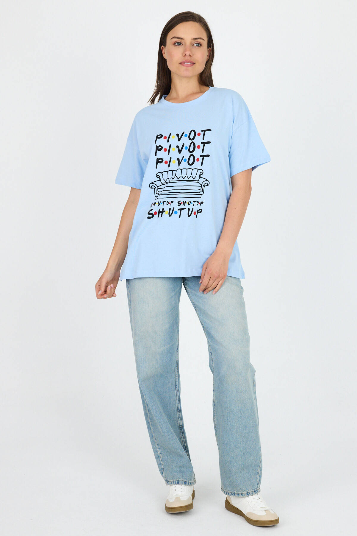 Mavi Yazı Baskılı %100 Pamuk Oversize Tişört 2150-10M - 3