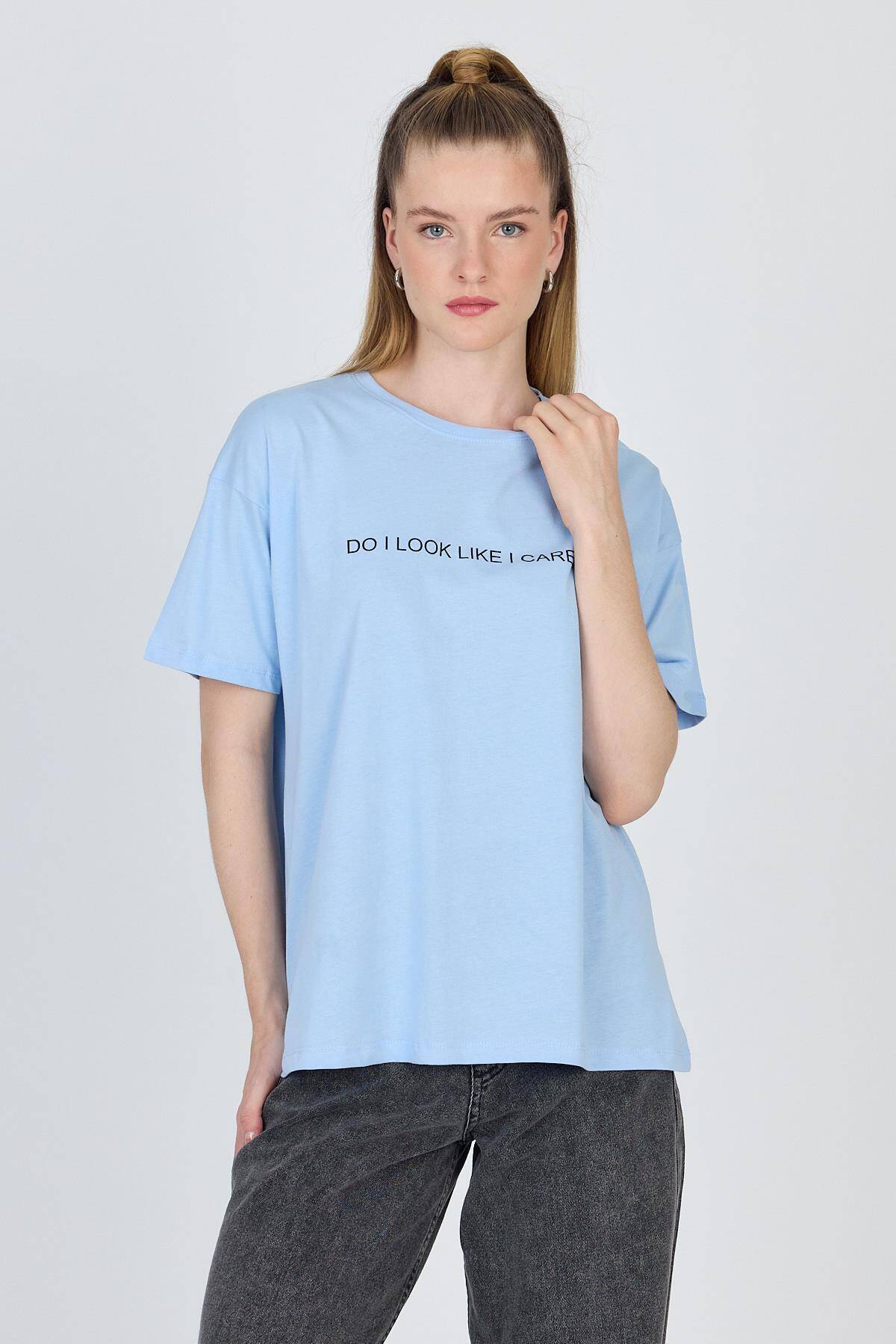 Mavi Yazı Baskılı %100 Pamuk Oversize Tişört 2150-5M 