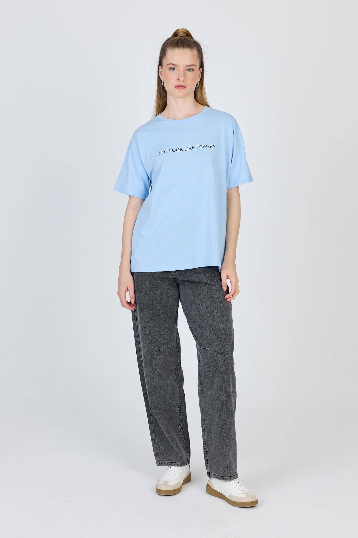 Mavi Yazı Baskılı %100 Pamuk Oversize Tişört 2150-5M - Stilay