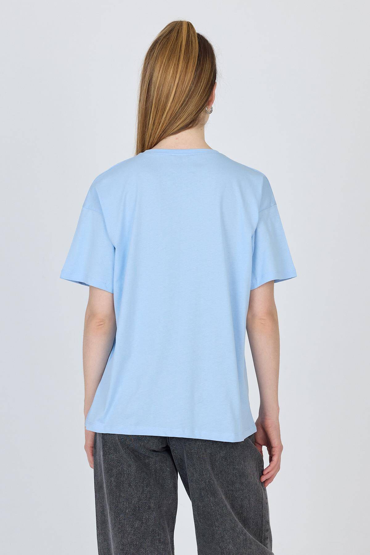 Mavi Yazı Baskılı %100 Pamuk Oversize Tişört 2150-5M - 5
