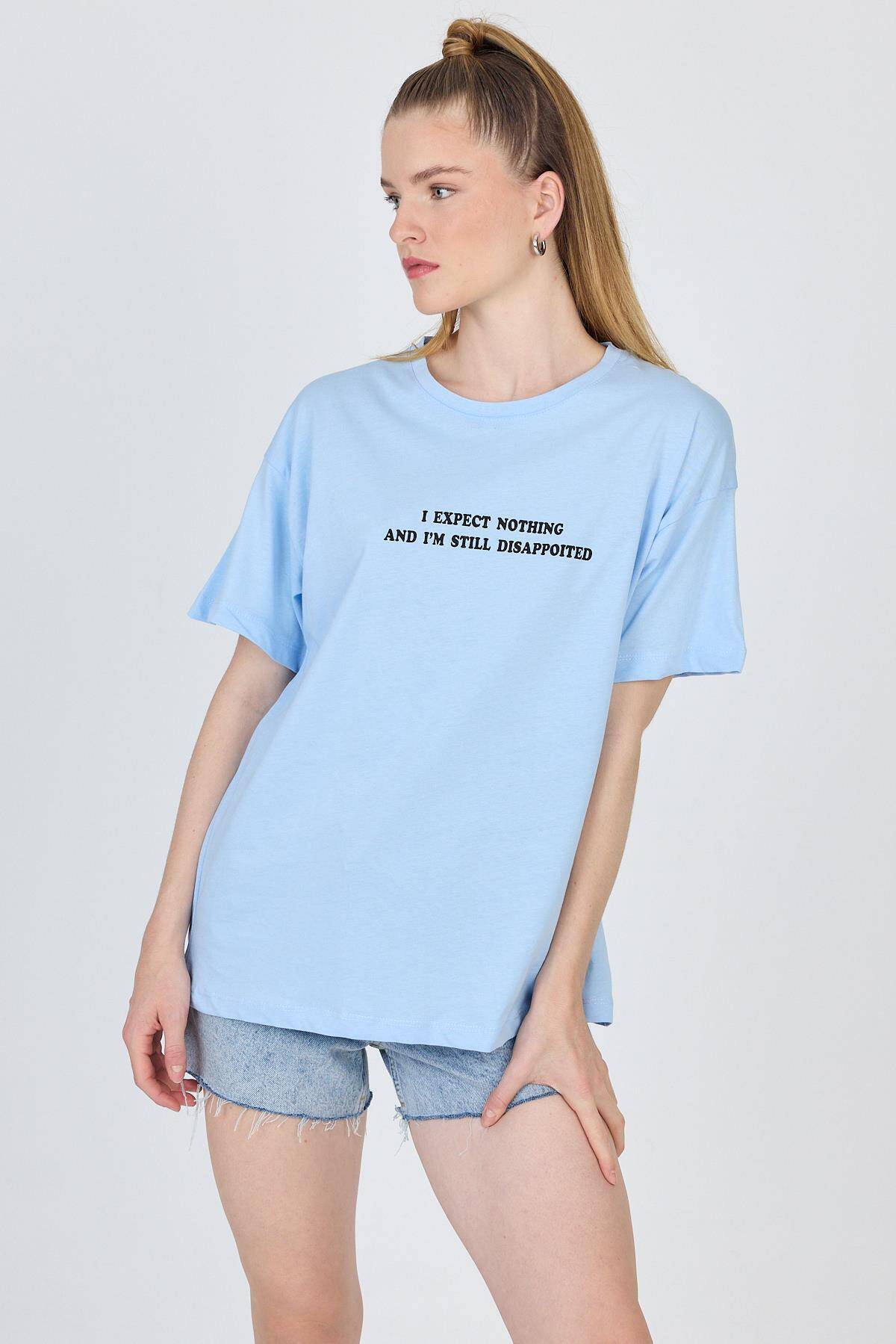 Mavi Yazı Baskılı %100 Pamuk Oversize Tişört 2150-8M - 1