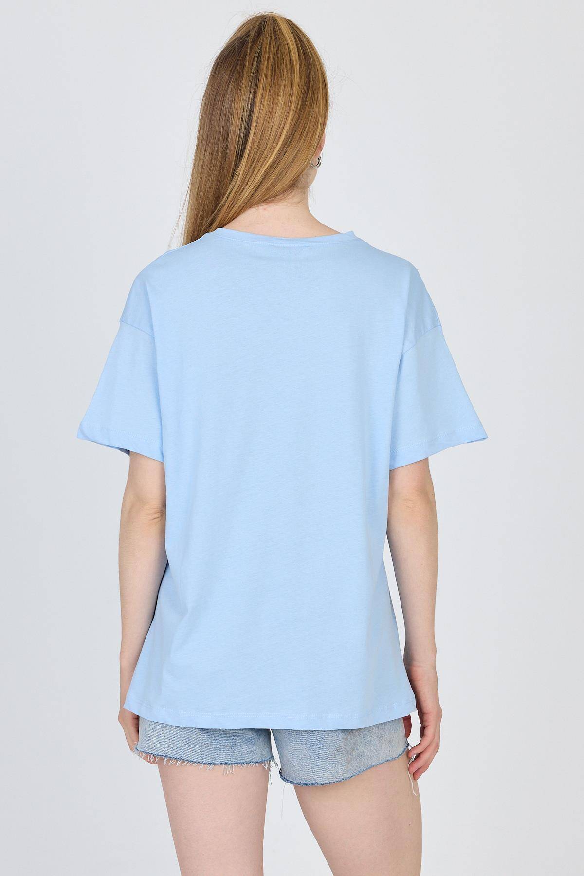 Mavi Yazı Baskılı %100 Pamuk Oversize Tişört 2150-8M - 5