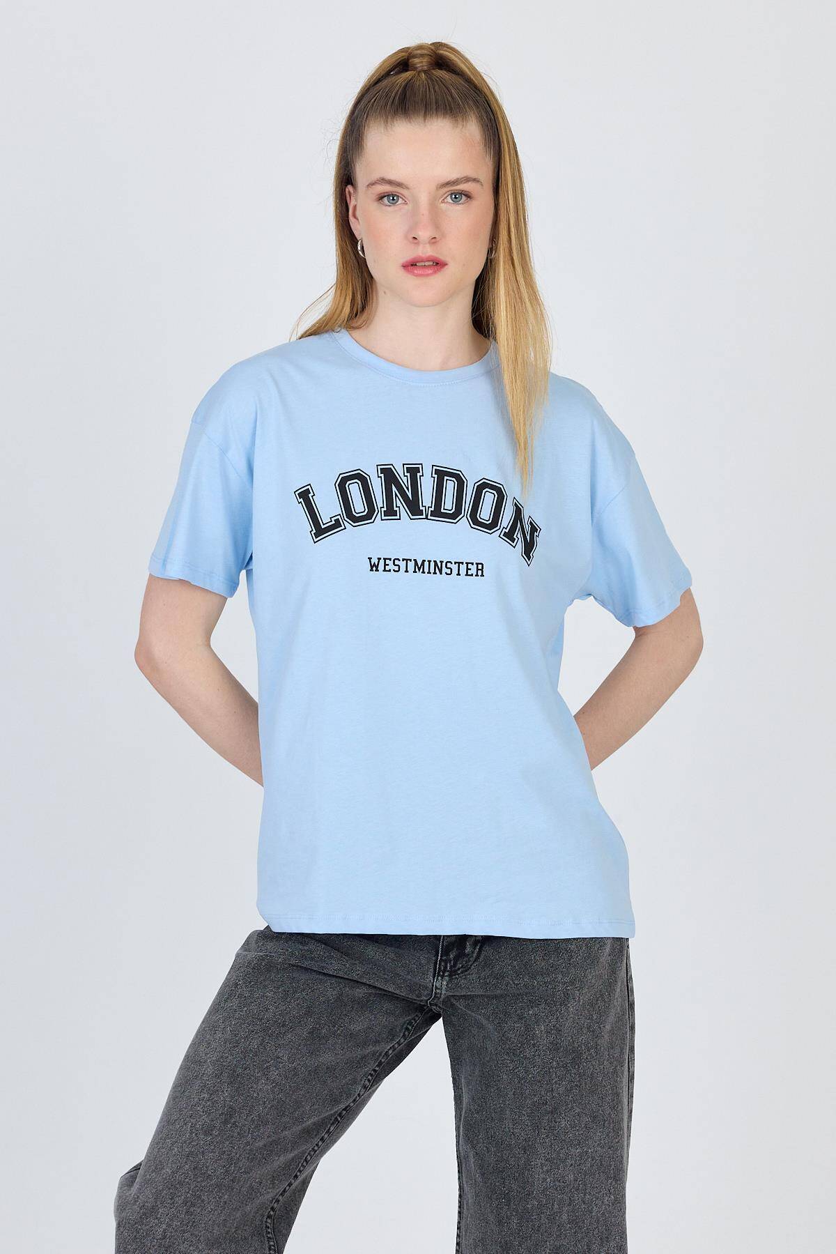 Mavi Yazı Baskılı %100 Pamuk Oversize Tişört 2150-9M - Stilay