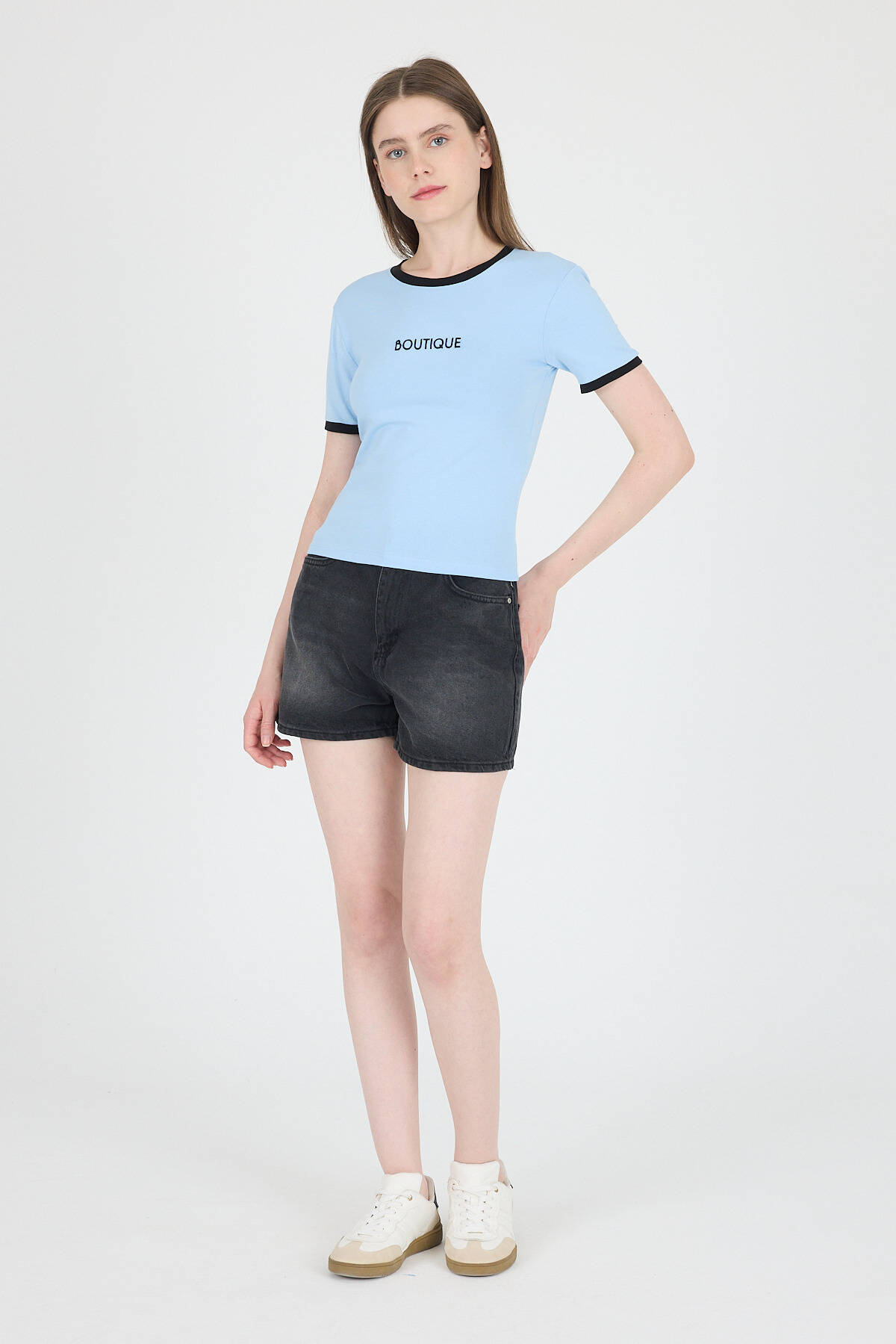 Mavi Yazı Baskılı Biyeli Pamuklu Slim Fit Tişört 9192M - 3