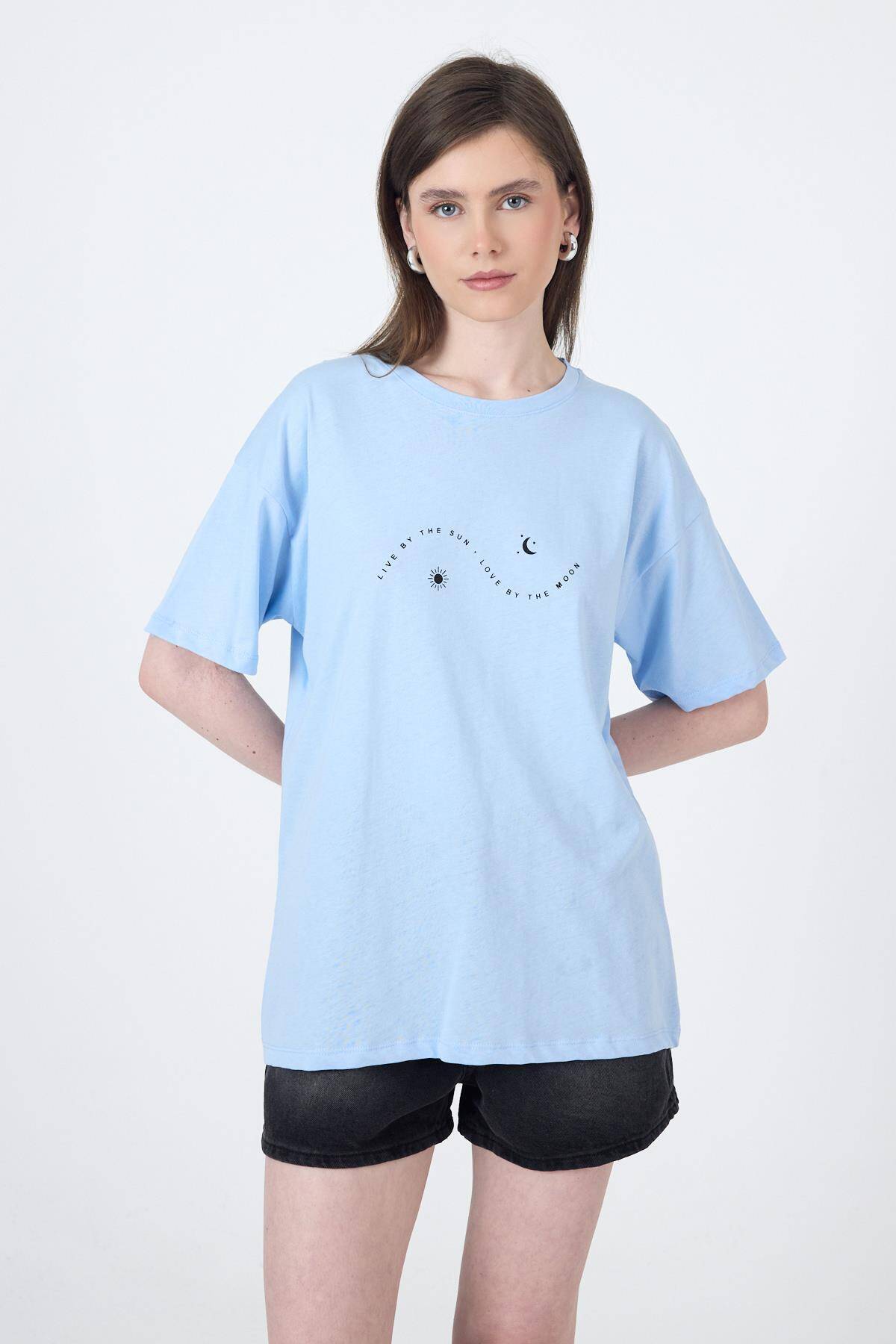 Mavi Yazı Baskılı Oversize Pamuklu Tişört 2150-32M - 1