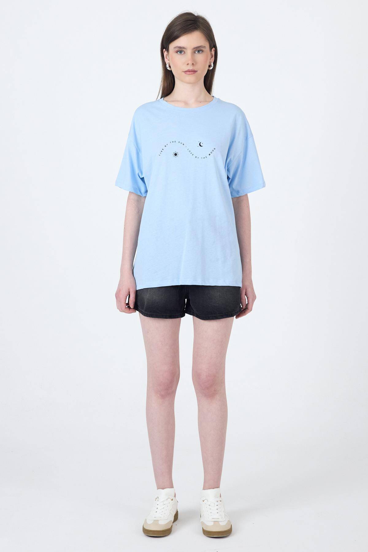 Mavi Yazı Baskılı Oversize Pamuklu Tişört 2150-32M - Stilay