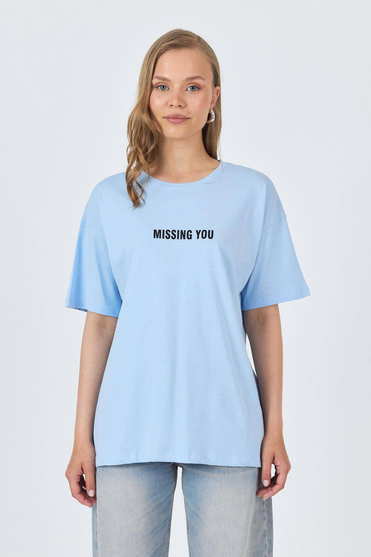 Mavi Yazı Baskılı Pamuklu Oversize Tişört 2150-6M - Stilay