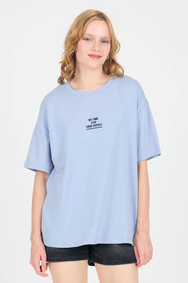 Mavi Yumuşak Dokulu Yazı Baskılı Oversize Tişört 6265 - 7