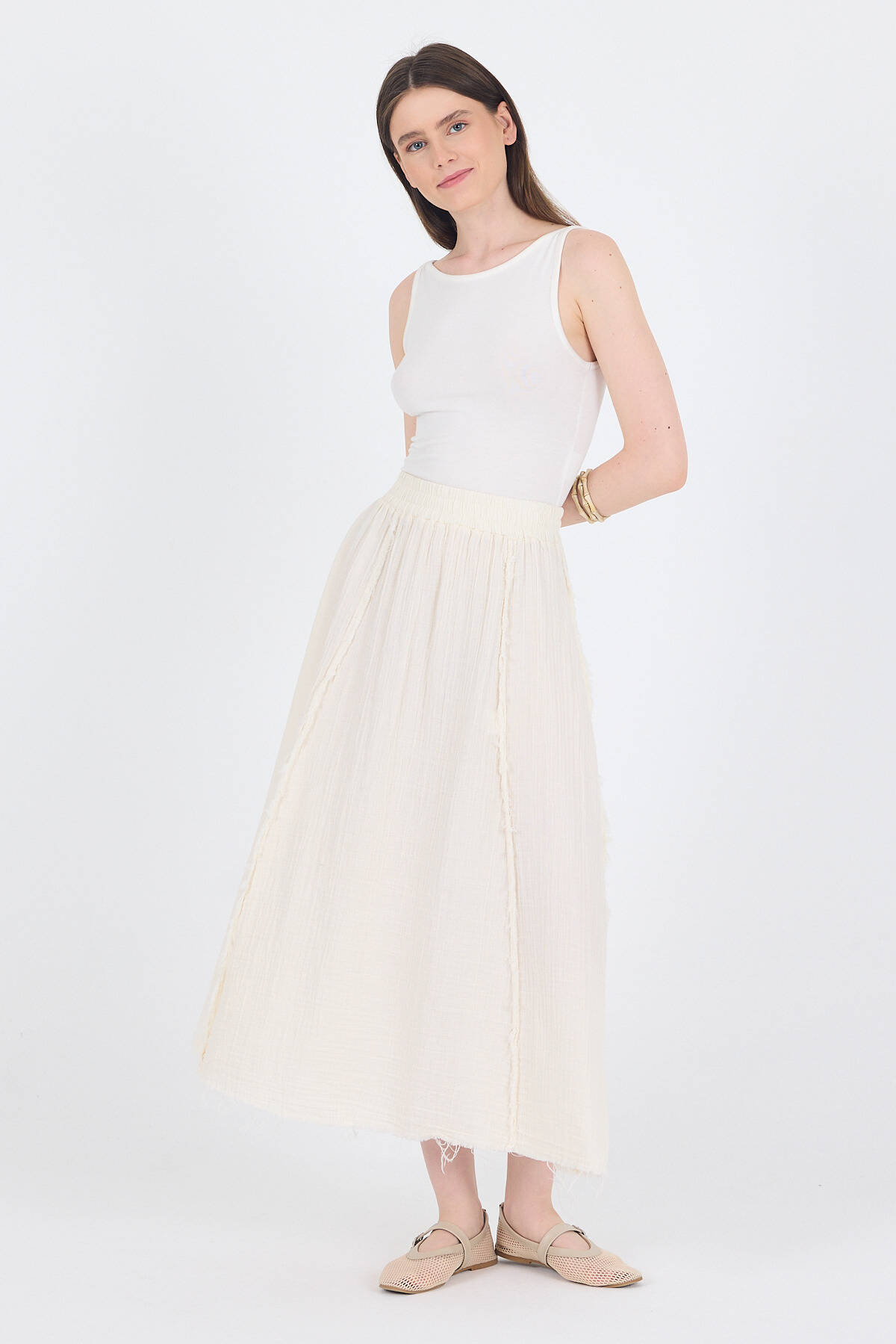 Natural %100 Pamuk Müslin Midi Etek 7038 - Stilay