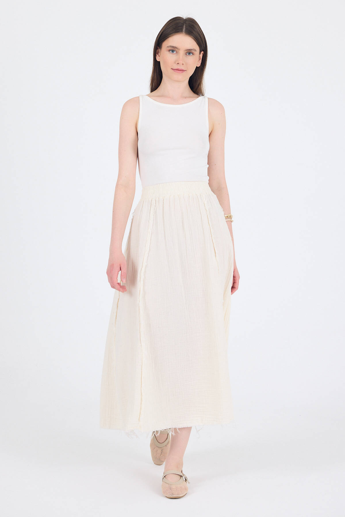 Natural %100 Pamuk Müslin Midi Etek 7038 - 7