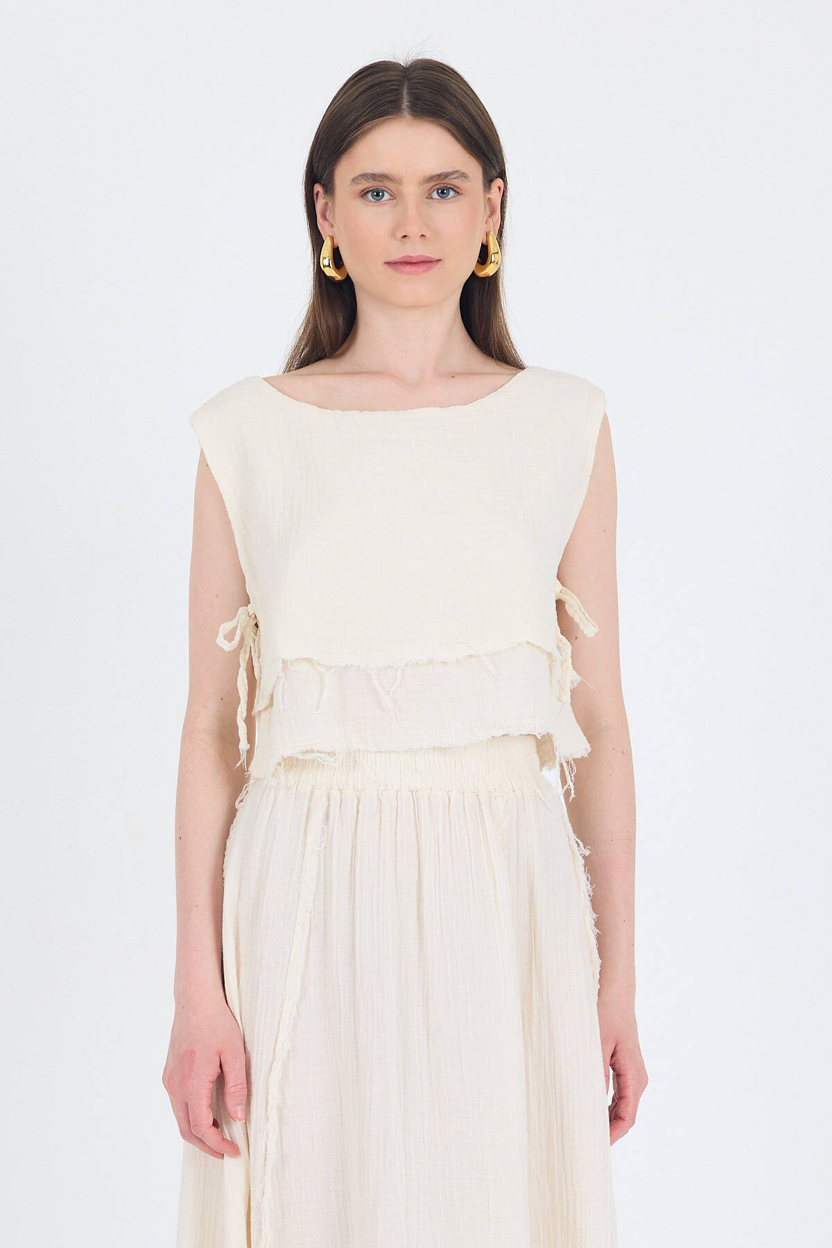 Natural %100 Pamuk Yan Bağlama Detaylı Müslin Bluz 7041 - Stilay