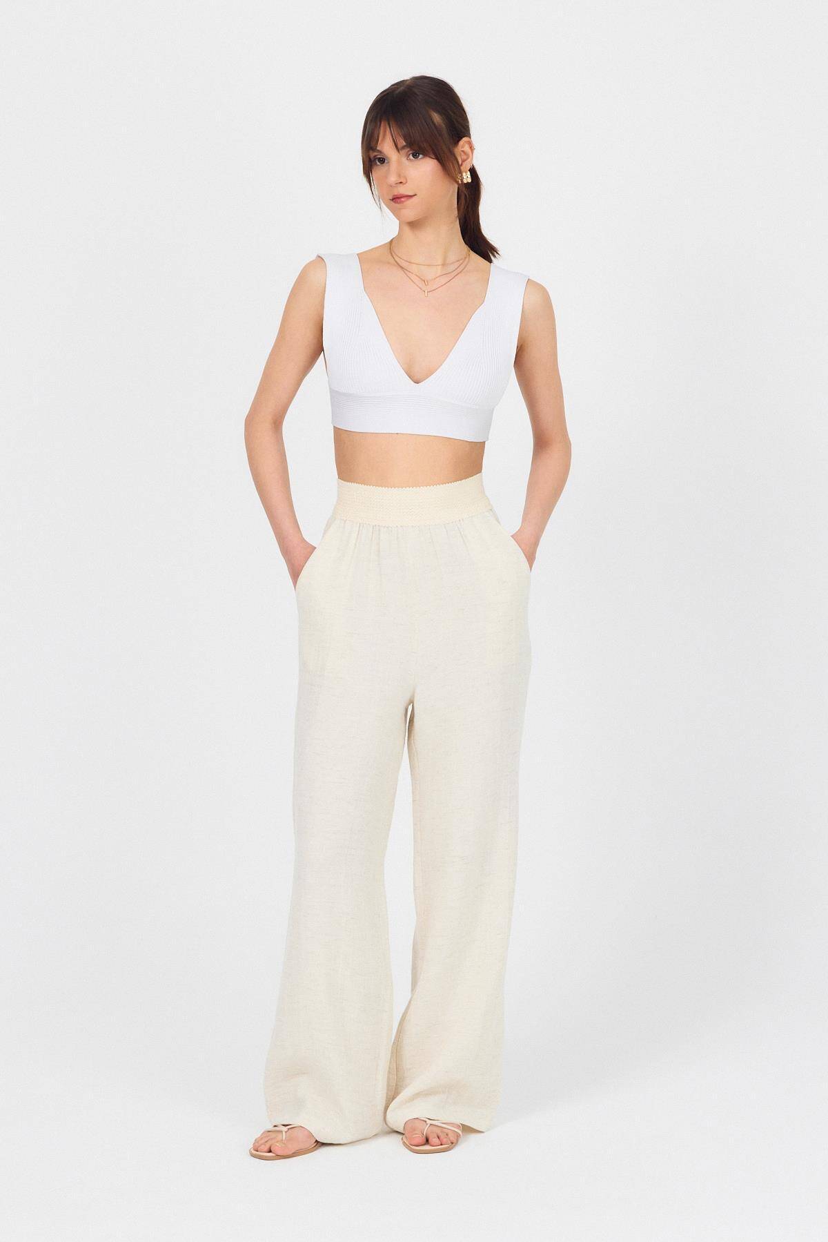 Natural Bel Lastikli Müslin Keten Bol Paça Pantolon 4719A 