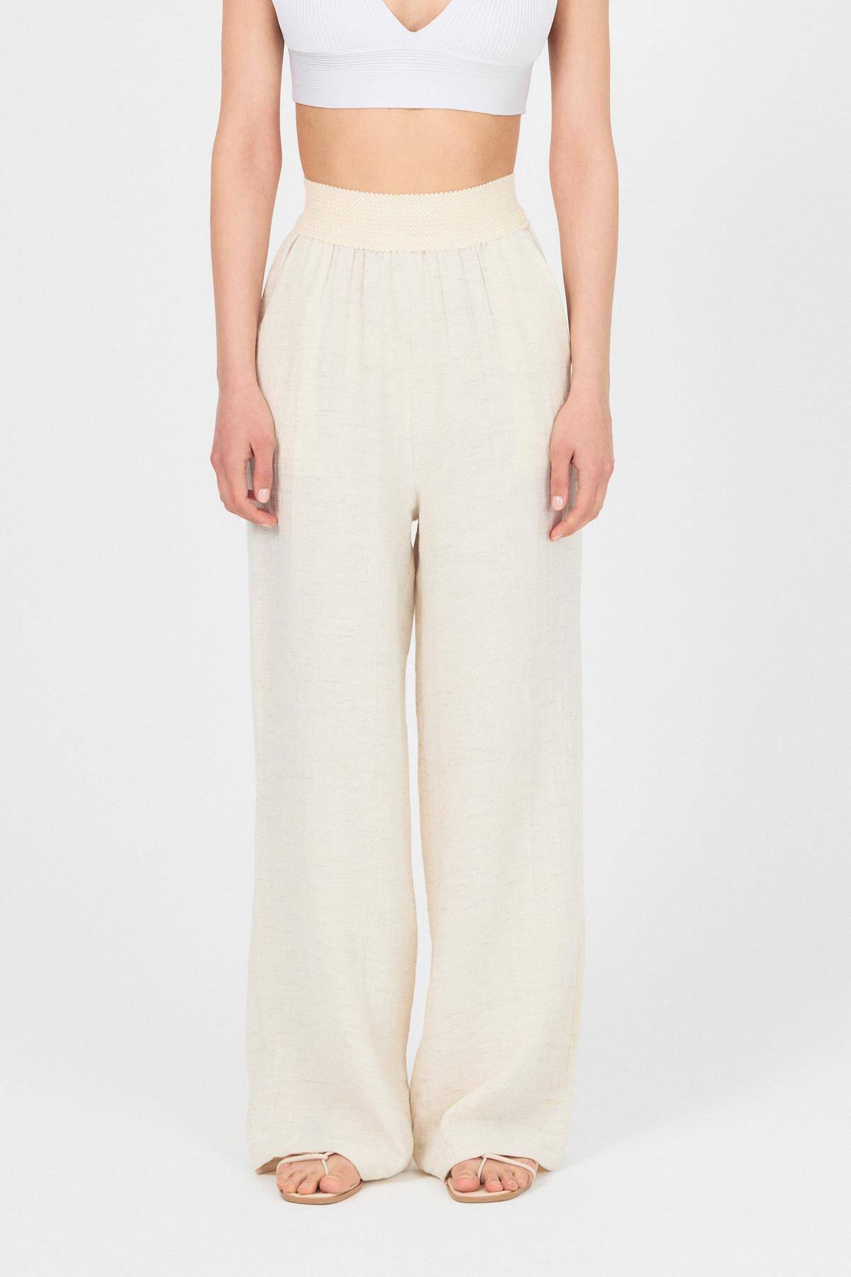 Natural Bel Lastikli Müslin Keten Bol Paça Pantolon 4719A - 2