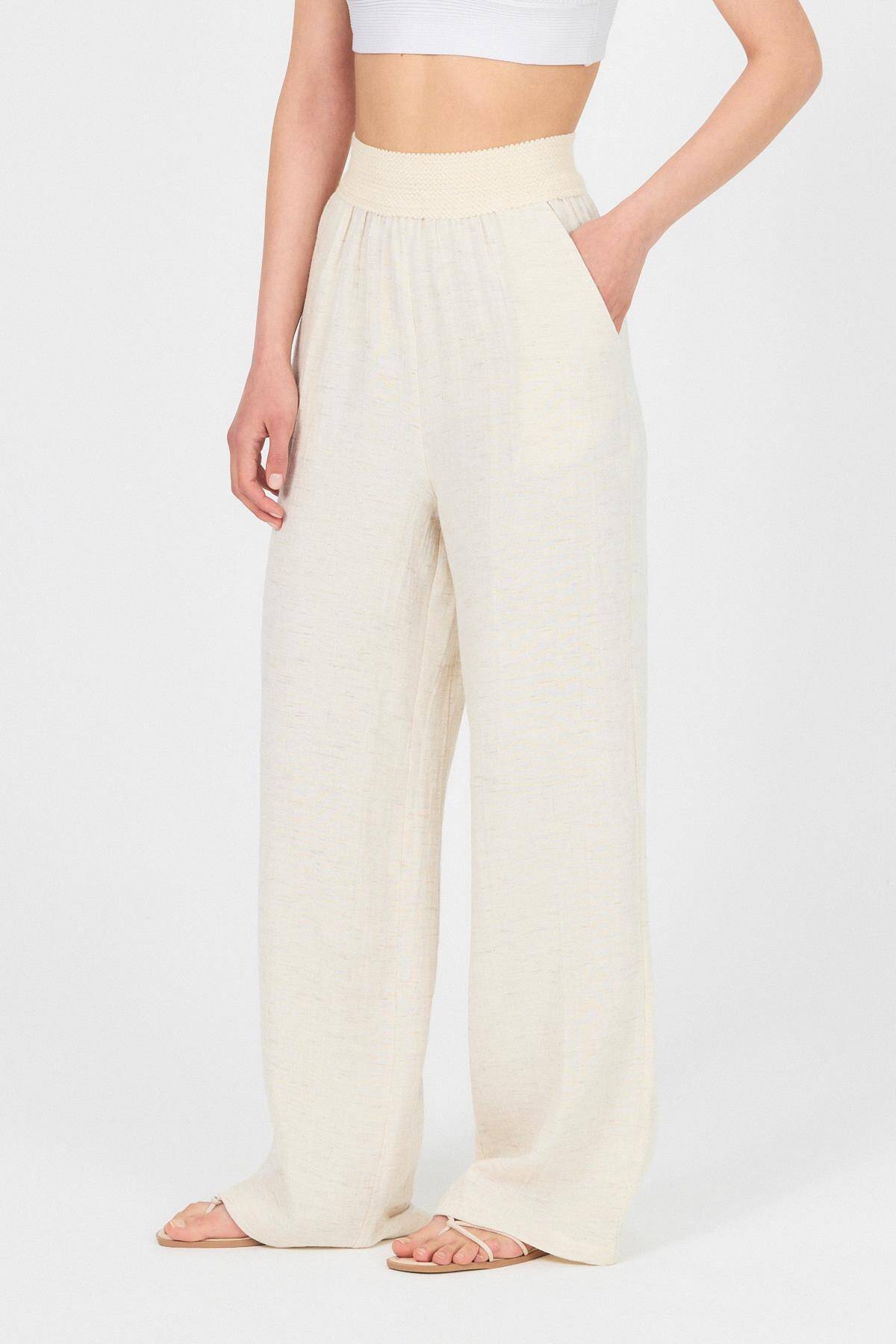 Natural Bel Lastikli Müslin Keten Bol Paça Pantolon 4719A - 3