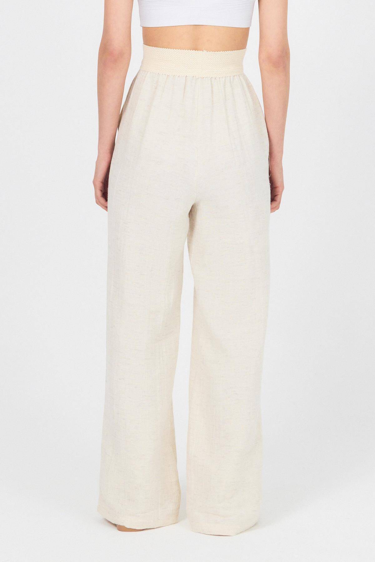 Natural Bel Lastikli Müslin Keten Bol Paça Pantolon 4719A - 5