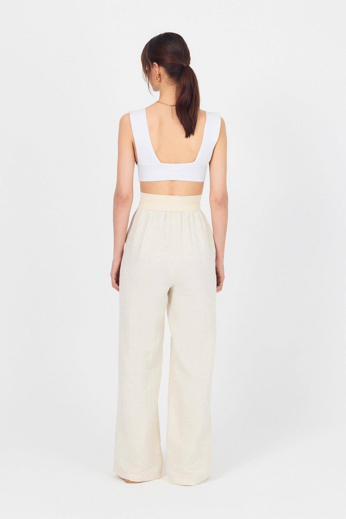 Natural Bel Lastikli Müslin Keten Bol Paça Pantolon 4719A - 8