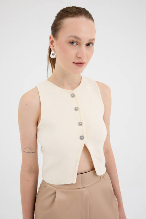 Natural Düğmeli Triko Kadın Yelek 2275 - Stilay