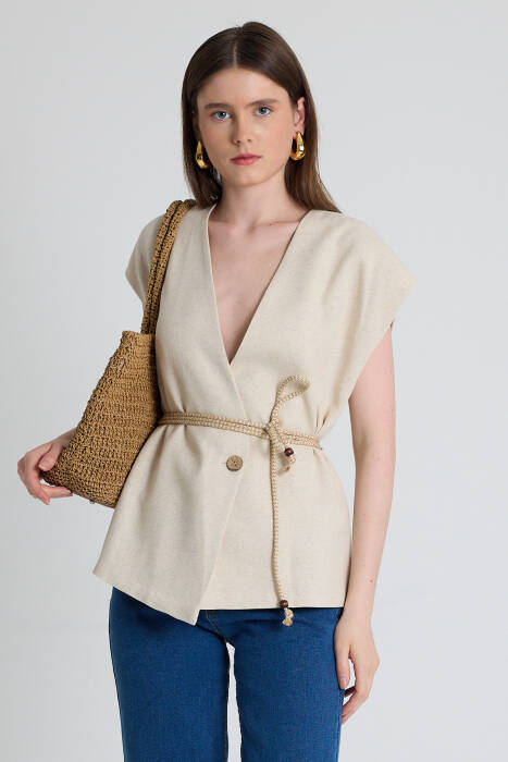 Natural Hasır Kemerli V Yaka Kısa Kollu Ceket Yelek 2378 - Stilay