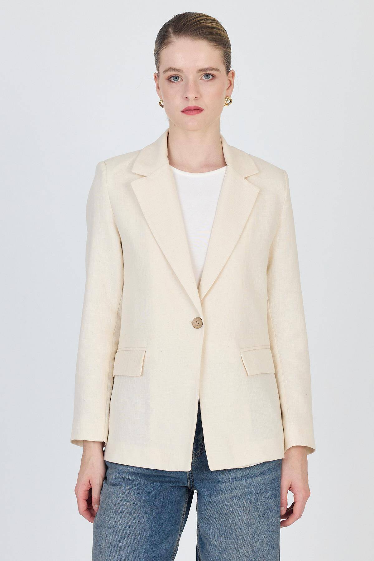 Natural Keten Görünümlü %100 Pamuk Astarlı Blazer Ceket 6023-3 - STİLAY