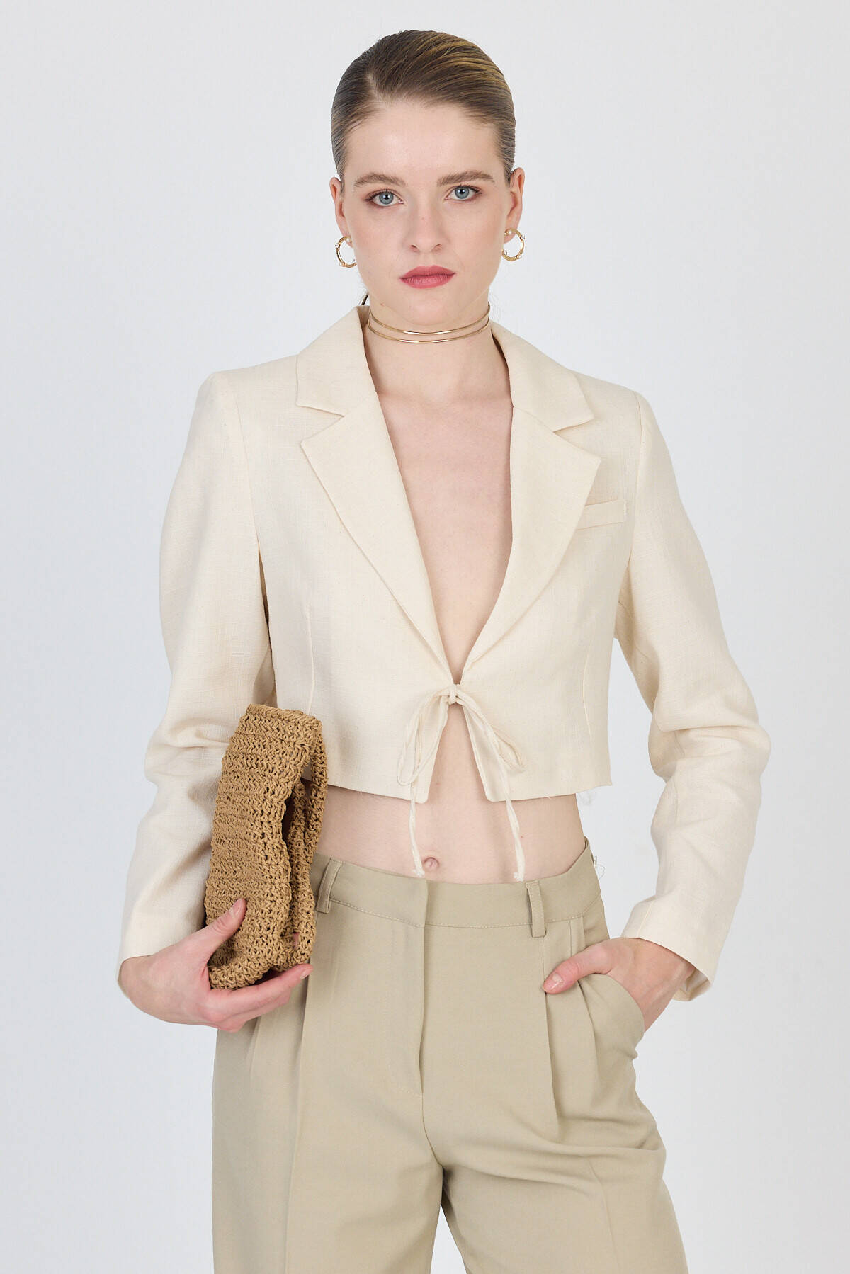 Natural Keten Görünümlü %100 Pamuk Bağlama Detaylı Crop Blazer Ceket 7070 - 3