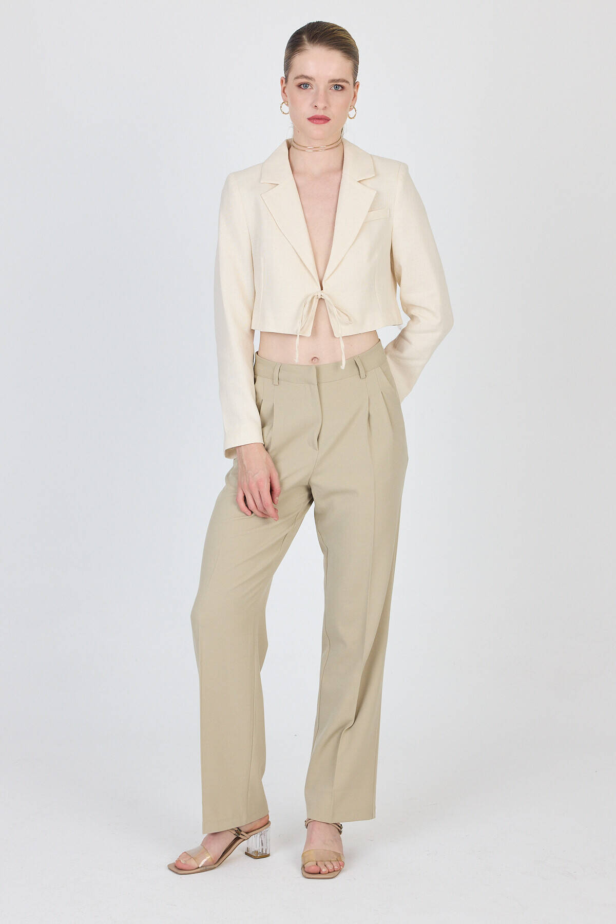 Natural Keten Görünümlü %100 Pamuk Bağlama Detaylı Crop Blazer Ceket 7070 - 6