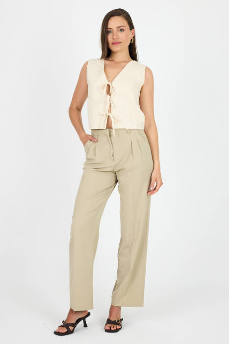 Natural Keten Görünümlü %100 Pamuk Bağlama Detaylı Yelek 3853 - Stilay