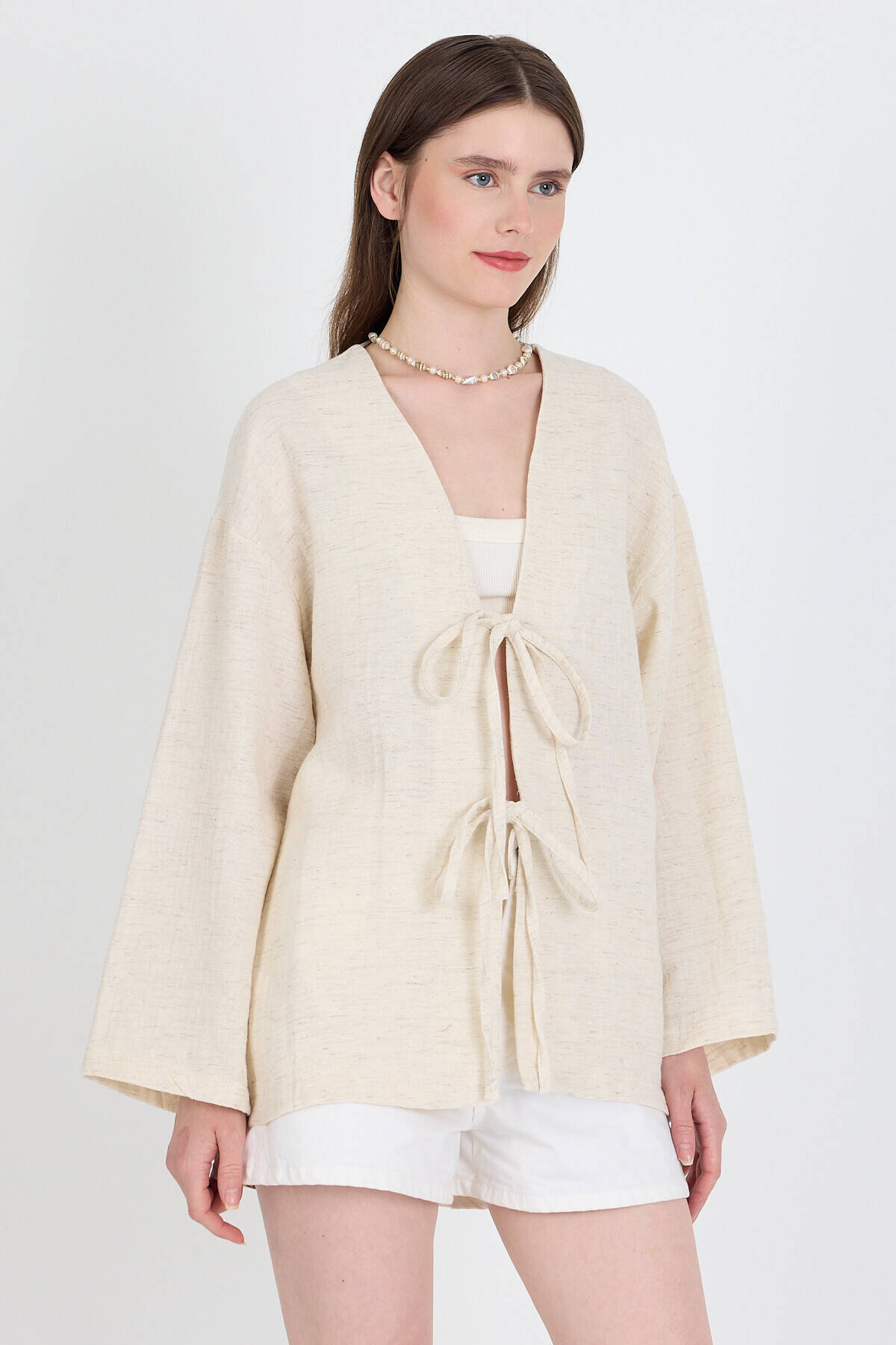 Natural Keten Görünümlü %100 Pamuk Bağlamalı Kimono 4818A - Stilay