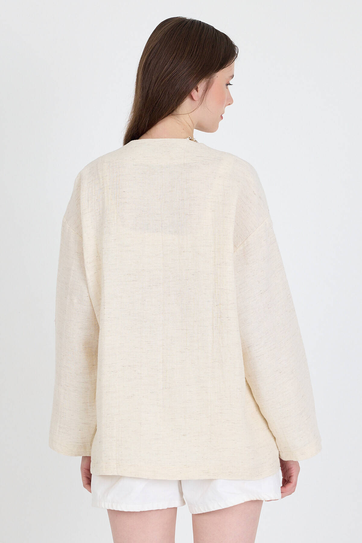 Natural Keten Görünümlü %100 Pamuk Bağlamalı Kimono 4818A - 5