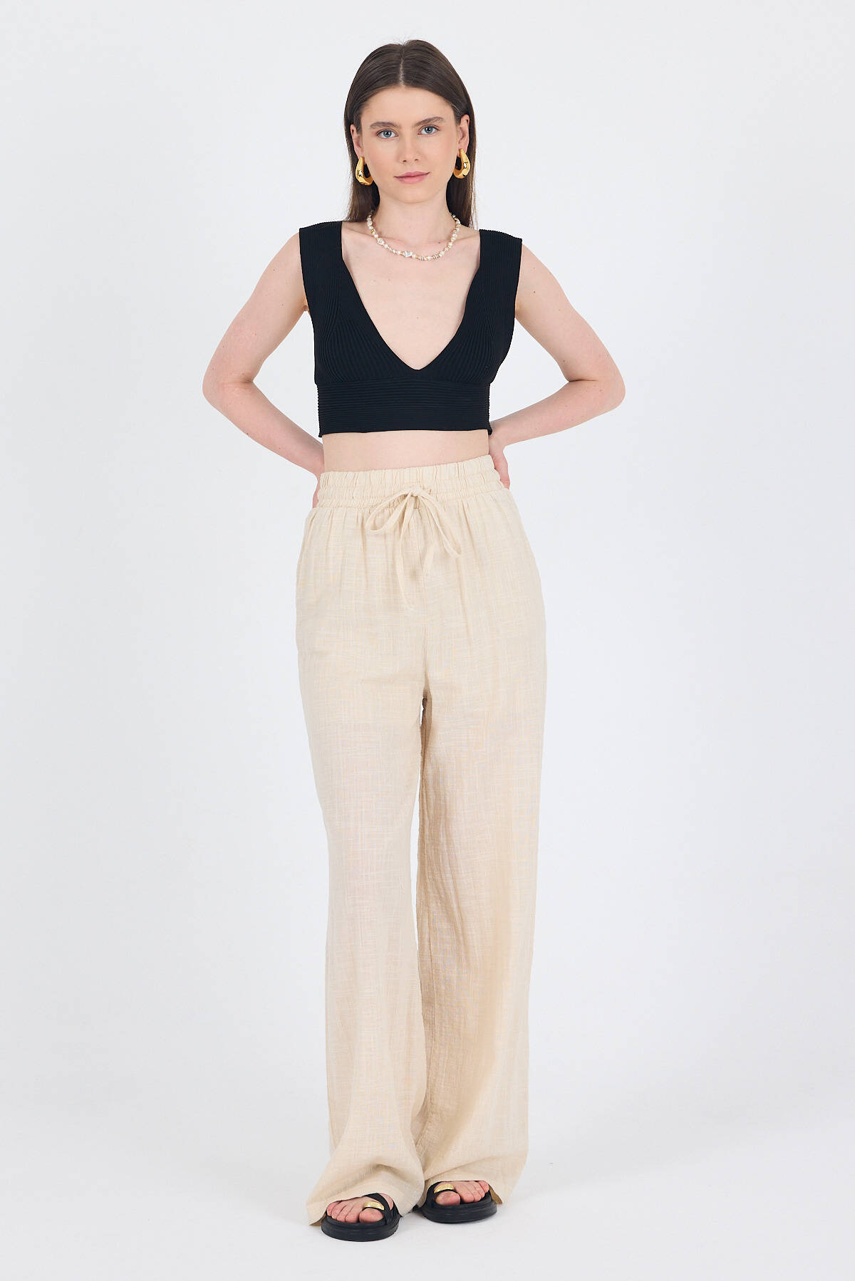 Natural Keten Görünümlü %100 Pamuk Bol Paça Pantolon 3040 - 1