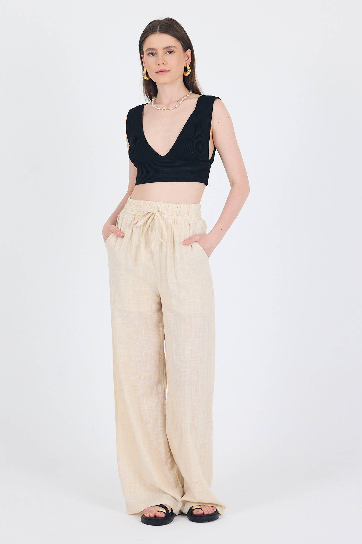 Natural Keten Görünümlü %100 Pamuk Bol Paça Pantolon 3040 - Stilay