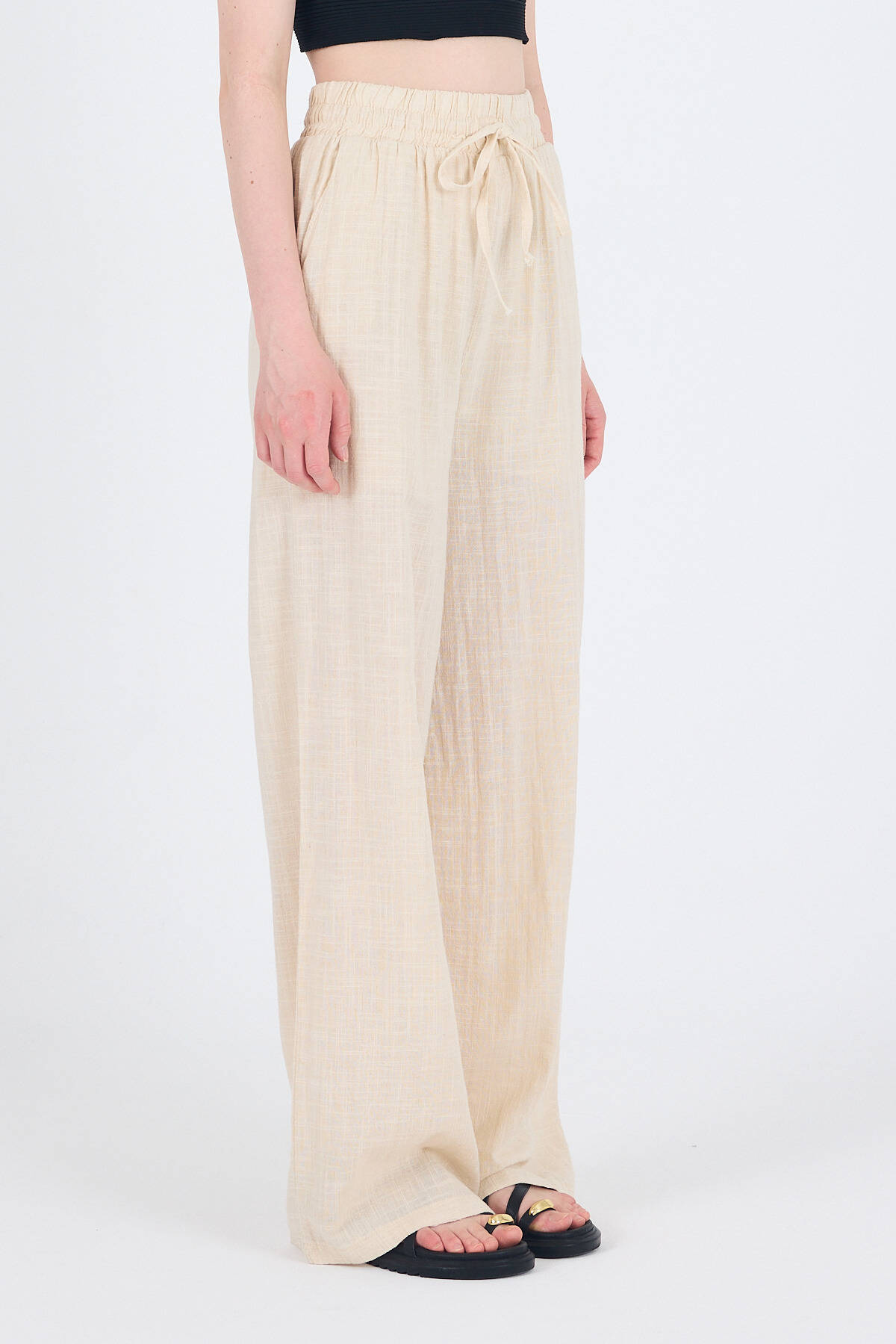 Natural Keten Görünümlü %100 Pamuk Bol Paça Pantolon 3040 - 5