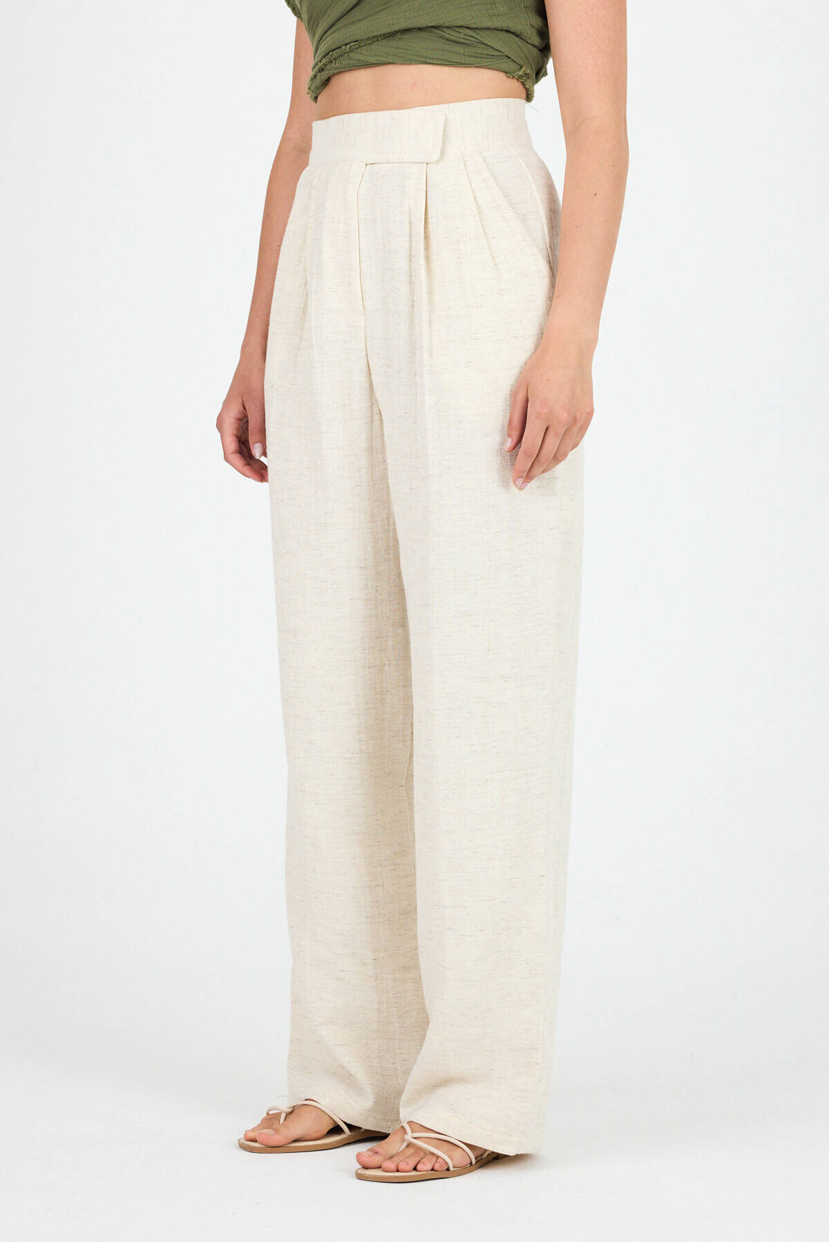 Natural Keten Görünümlü %100 Pamuk Cırt Kapama Detaylı Pantolon 4748A - Stilay
