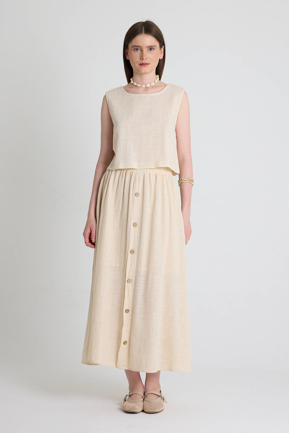 Natural Keten Görünümlü %100 Pamuk Düğmeli Midi Etek 3419 - Stilay