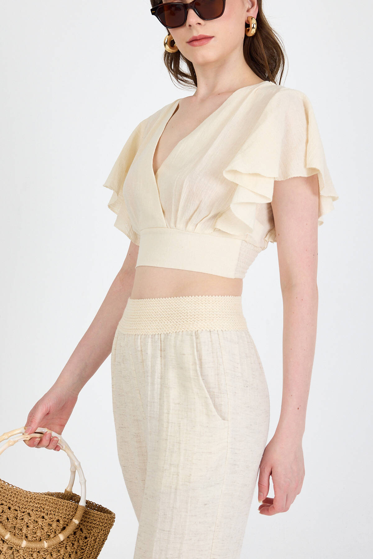 Natural Keten Görünümlü %100 Pamuk Fırfır Kol Detaylı Crop Bluz 6942 - Stilay