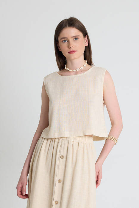 Natural Keten Görünümlü %100 Pamuk Kolsuz Crop Bluz 3419-1 - Stilay