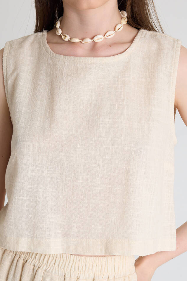 Natural Keten Görünümlü %100 Pamuk Kolsuz Crop Bluz 3419-1 - 4