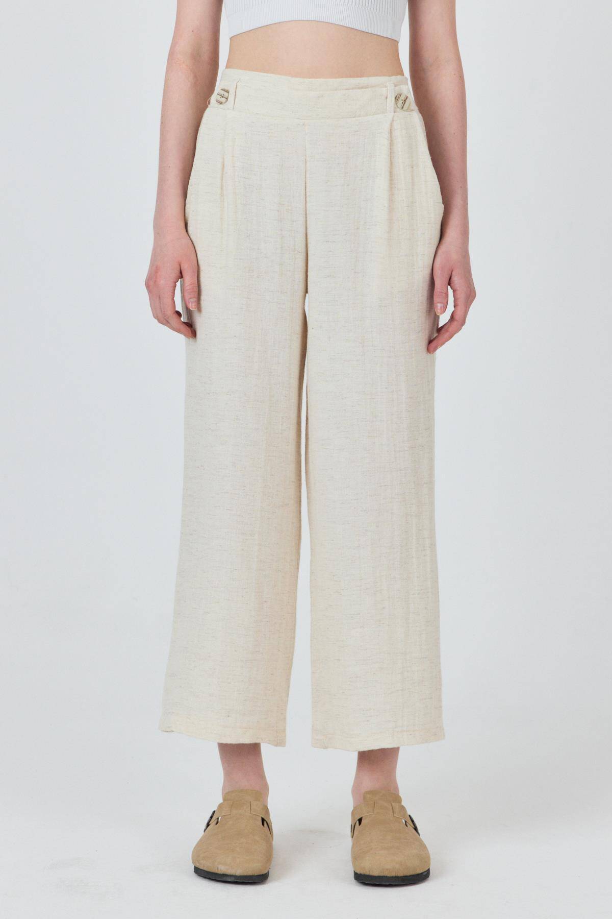 Natural Keten Görünümlü Düğme Detaylı Pantolon 4720A - Stilay