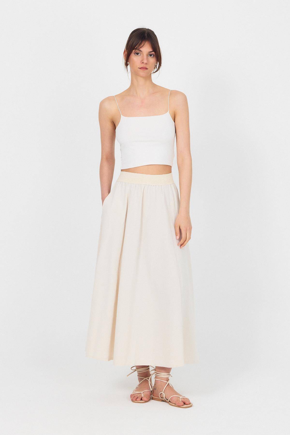 Natural Örgü Kemer Detay Cepli Midi Etek 3027 - Stilay