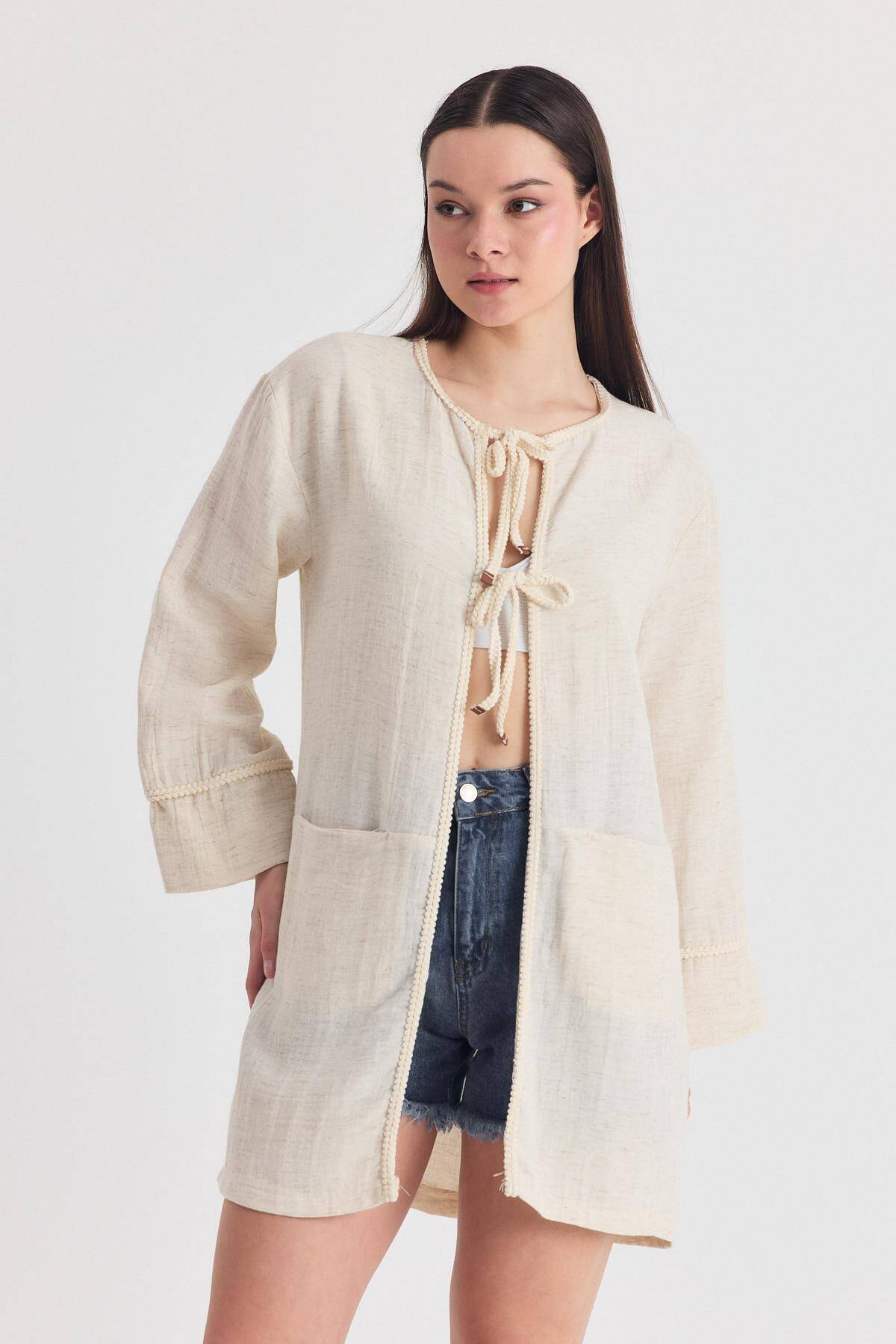 Natural Yaka Örgü Trim Detaylı Bağcıklı Kimono 4411A - 3