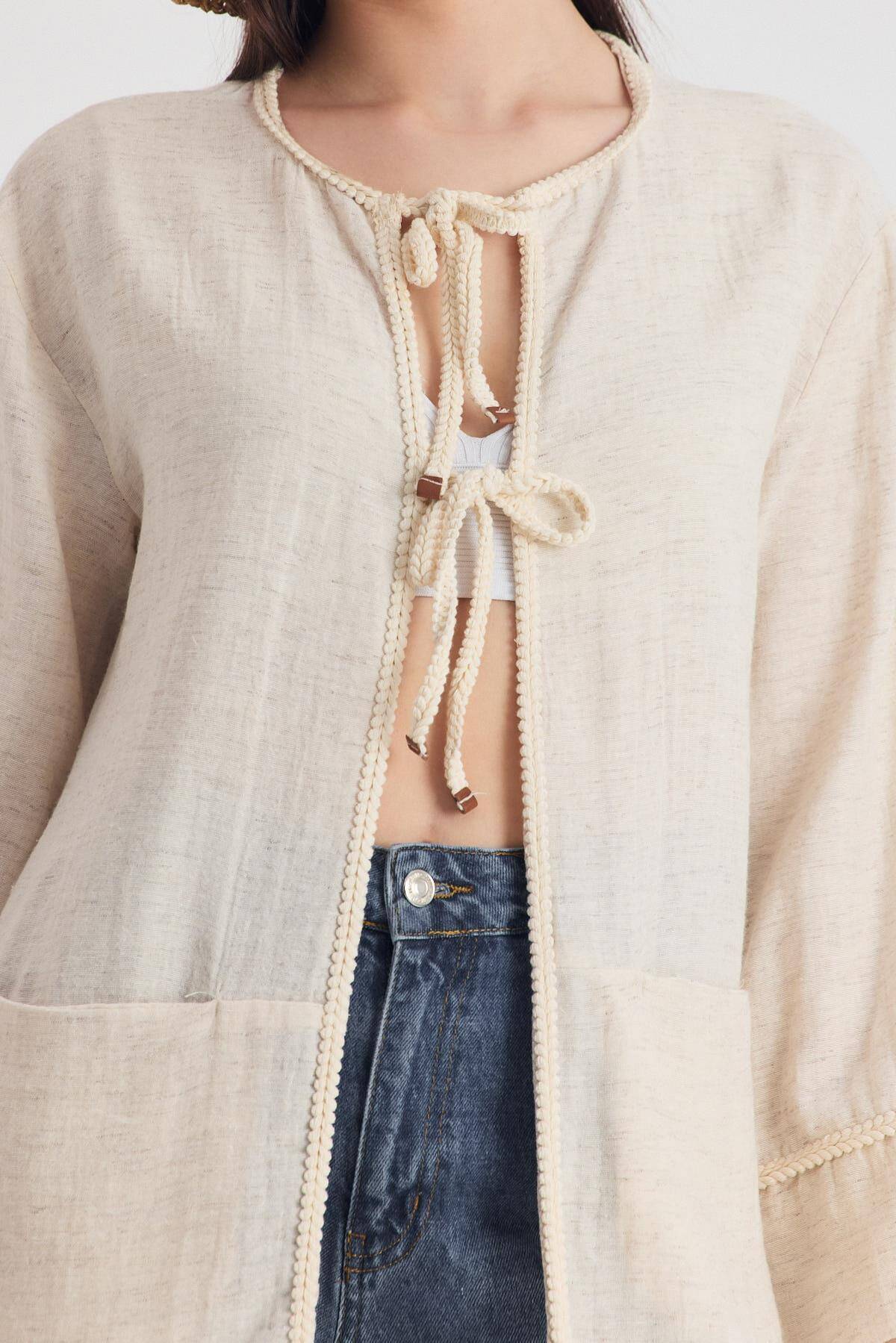 Natural Yaka Örgü Trim Detaylı Bağcıklı Kimono 4411A - 4