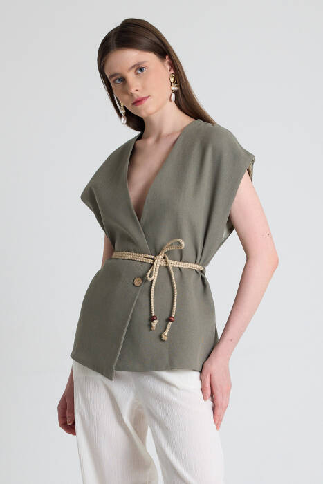 Olive Yeşili Hasır Kemerli V Yaka Kısa Kollu Ceket Yelek 2378 - Stilay