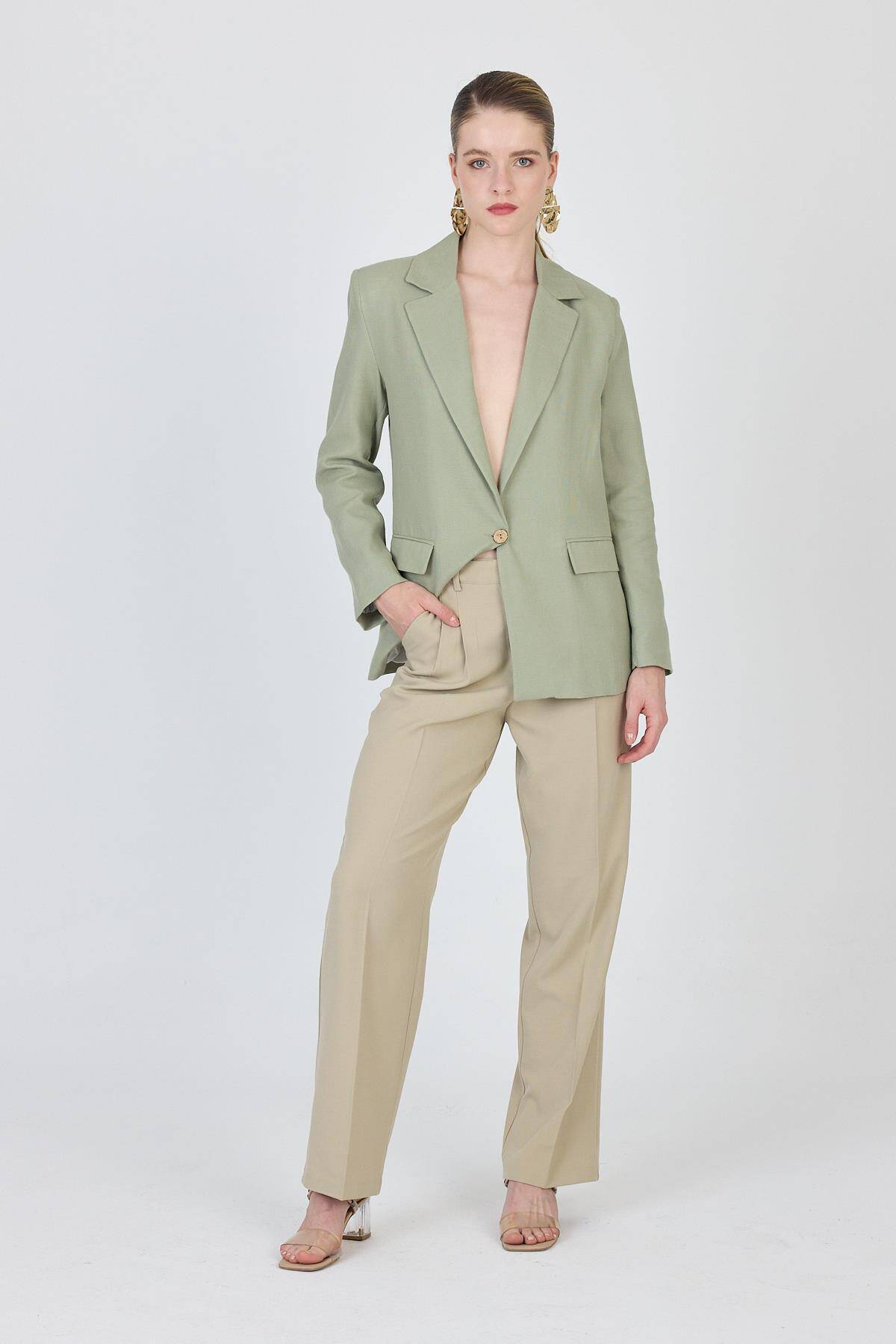 Olive Yeşili Keten Görünümlü %100 Pamuk Astarlı Blazer Ceket 6023-3 - 3